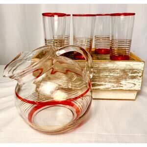 Pitcher and Matching Glasses, 1970s Pitcher Glass set, Art Deco Pitcher Set